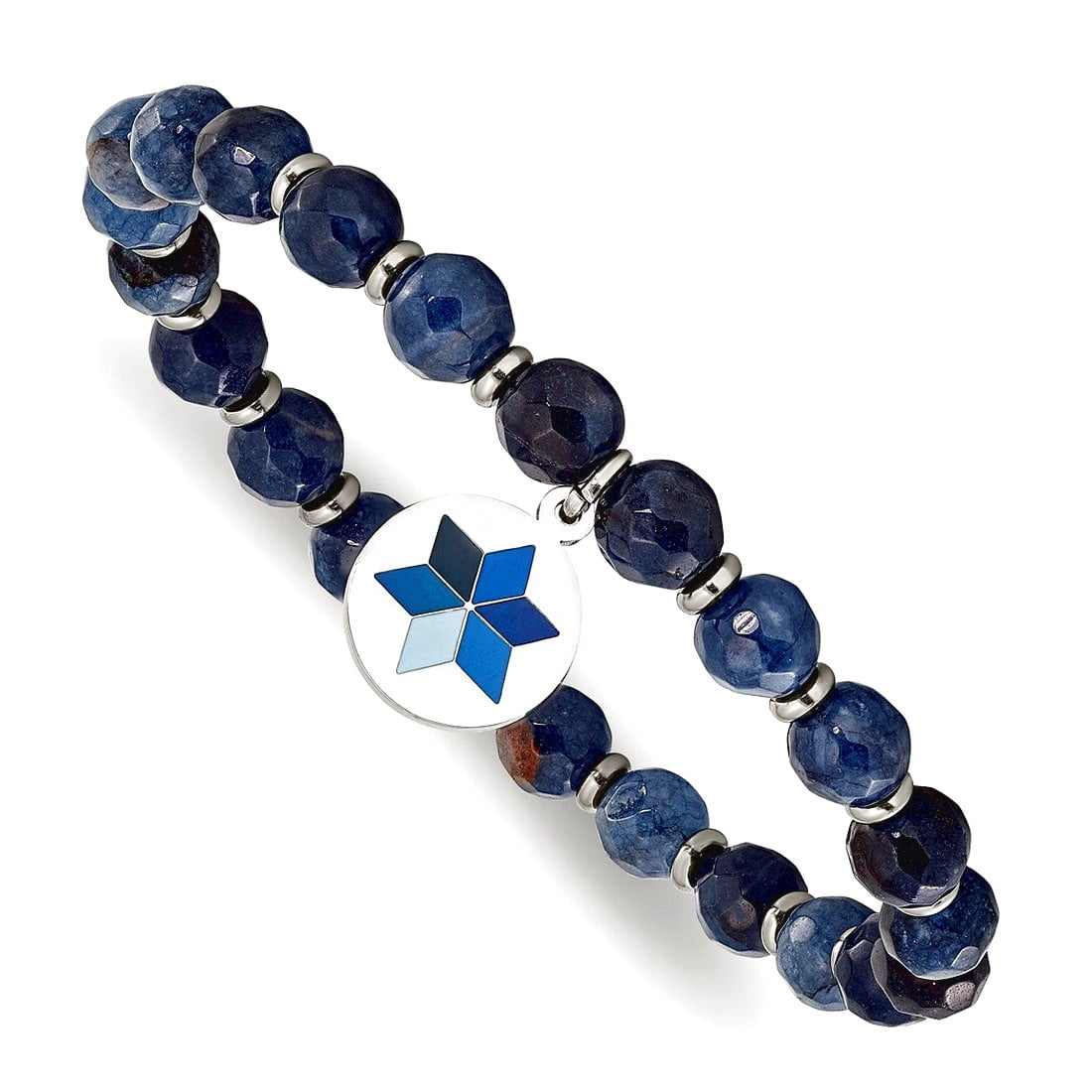 Stainless Steel Polished Enameled Flower Charm 6mm Blue Dyed Jade Beaded Stretch Bracelet Charm Bracelet for Women