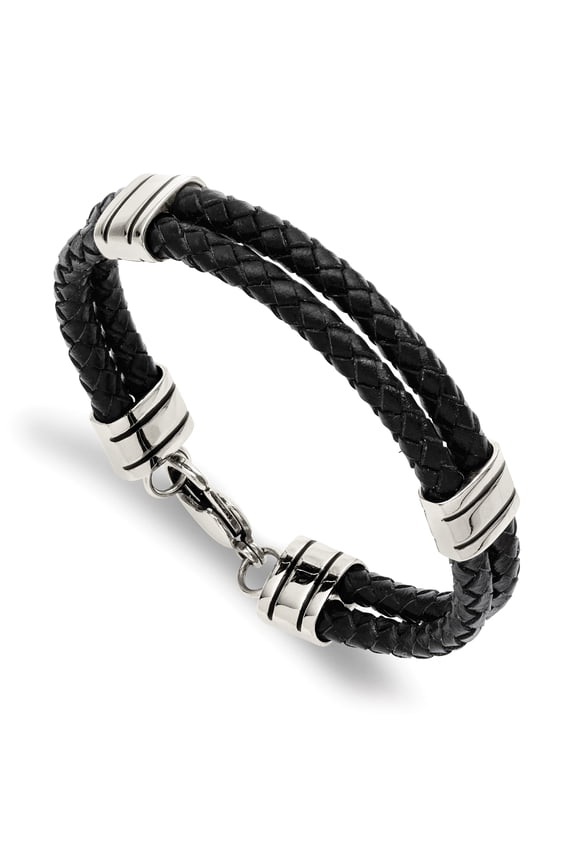 Chisel Stainless Steel Black Leather 9in Bracelet