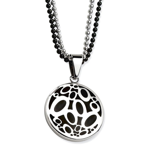 Stainless Steel Polished Fancy Lobster Closure Black Rubber Fancy Circles Double Chain Necklace 22 Inch Chain Necklace f