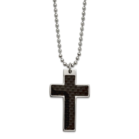 Stainless Steel Polished Fancy Lobster Closure Carbon Fiber Religious Faith Cross Necklace 20 Inch 21mm Wide Pendant Nec