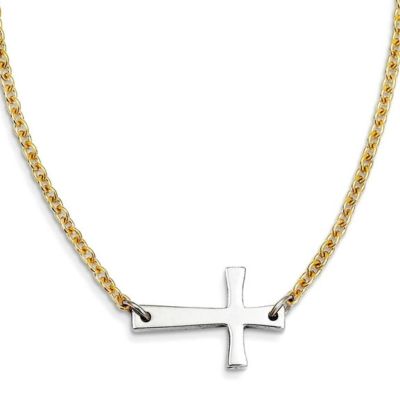 Stainless Steel Polished Fancy Lobster Closure Yellow Ip Plated Chain Sideways Religious Faith Cross Necklace 17 Inch Ch