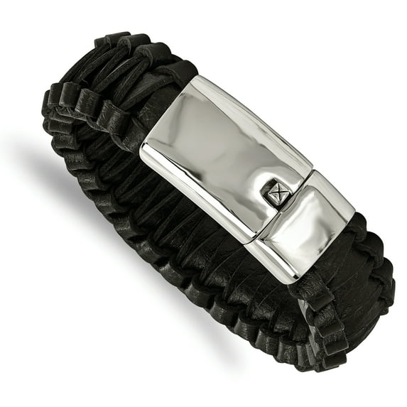 Stainless Steel Polished Flat Braided Black Leather Bracelet