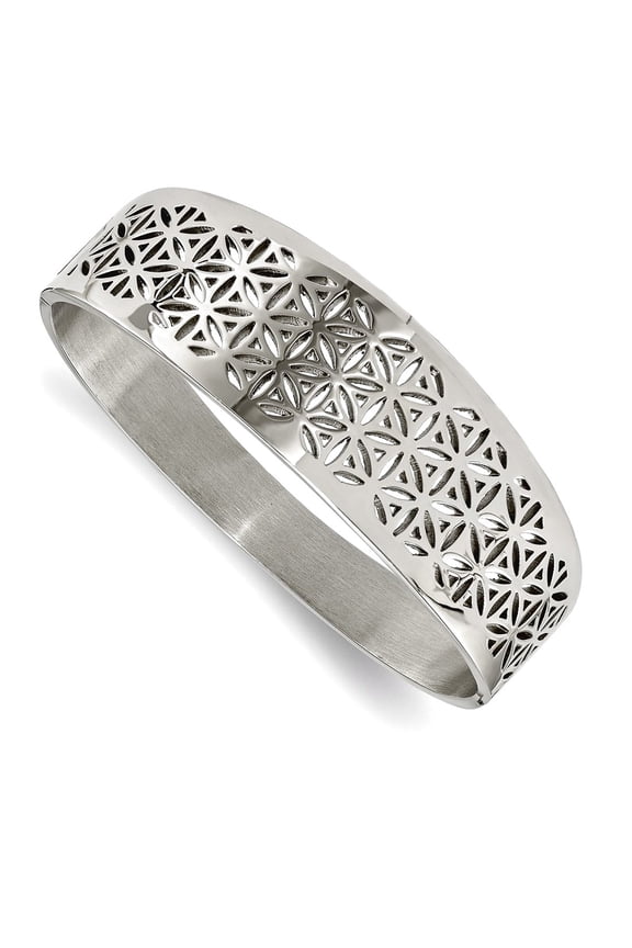 Stainless Steel Polished Flower Cut-out Hinged Bangle Bracelet 22mm Wide Cuff Bracelet for Women