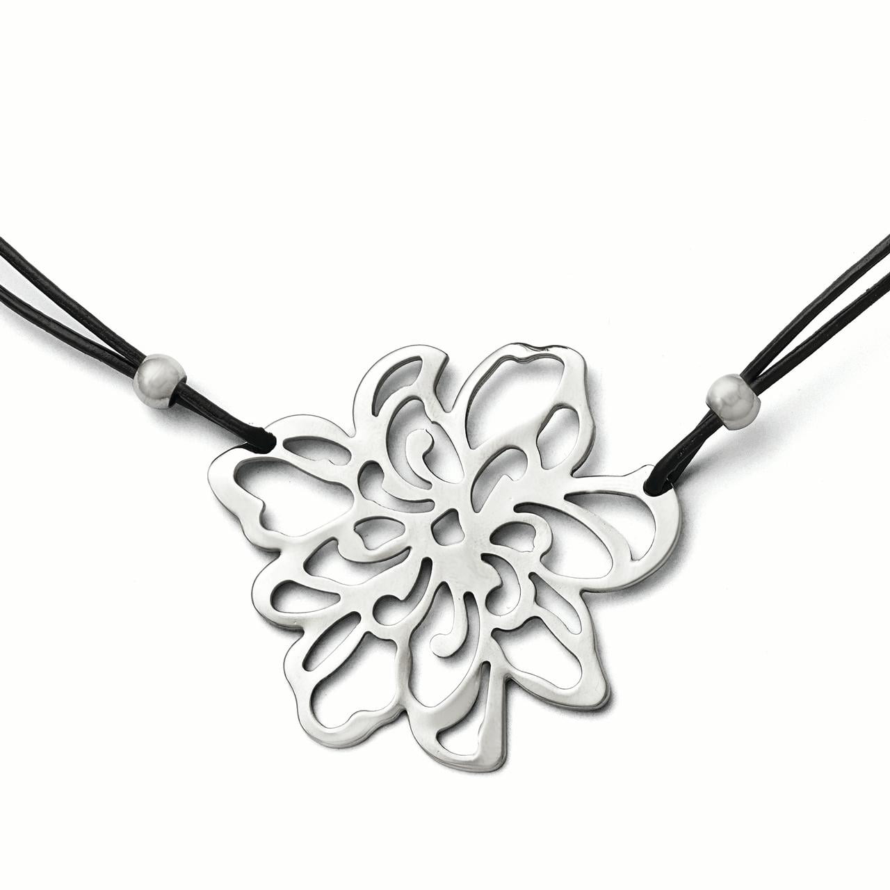 Stainless Steel Polished Flower with Black Leather Cord Necklace
