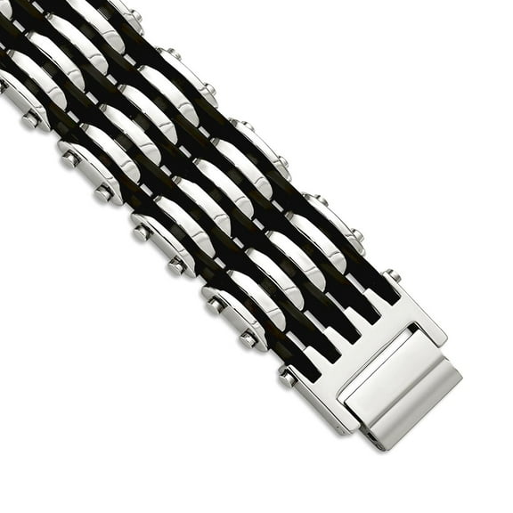 Stainless Steel Polished Fold-over Black Rubber Bracelet 8.75 Inch 22mm Wide Link Bracelet for Women