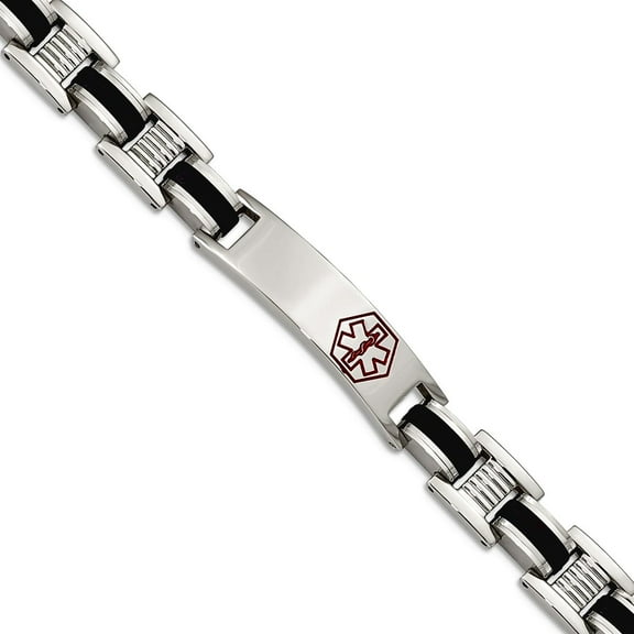 Primal Steel Stainless Steel Black Rubber Red Enamel 8in Medical Bracelet
