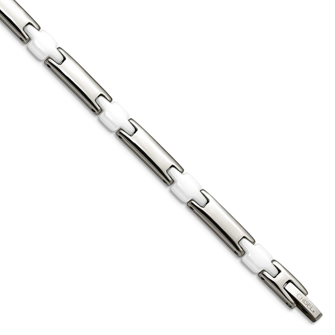 Stainless Steel Polished Fold-over and White Ceramic 7.5inch Bracelet 5mm Wide Link Bracelet for Women