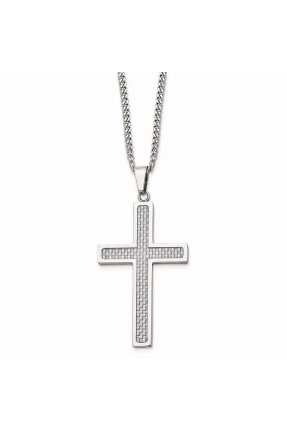 Stainless Steel Polished Grey Carbon Fiber Inlay Large Cross 20in Necklace; for Adults and Teens; for Women and Men