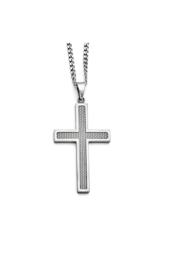 Stainless Steel Polished Grey Carbon Fiber Large Cross Necklace - 20 Inch - Measures 32mm Wide