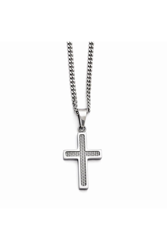 Stainless Steel Polished Grey Carbon Fiber Small Cross Necklace - 20 Inch - Measures 20mm Wide