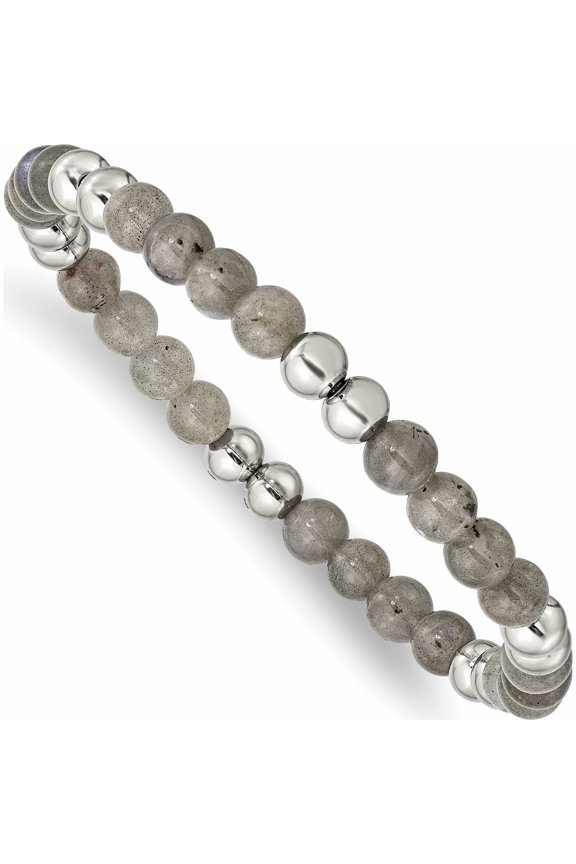 Stainless Steel Polished Grey Quartz Beaded Stretch Bracelet Made In China -Jewelry By Sweet Pea
