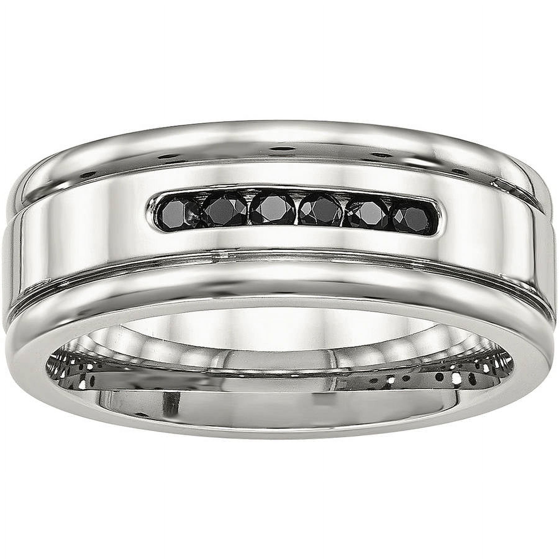 Stainless Steel Polished Grooved Black CZ Ring