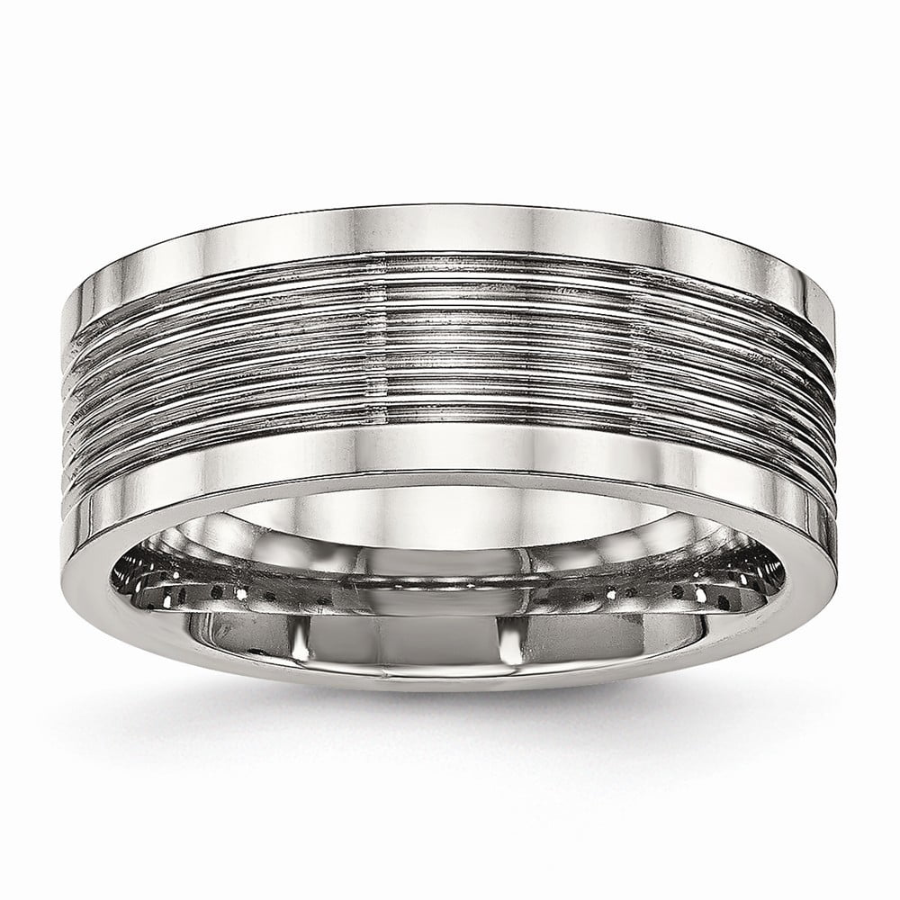 8mm Stainless Steel Polished Grooved Comfort Back Ring - Size 10.5