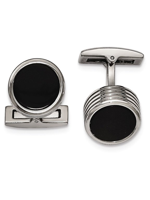 Stainless Steel Polished Grooved Round Black IP Cuff Links