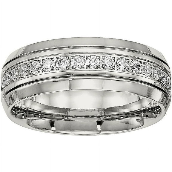 Stainless Steel Polished Half Round Grooved CZ Ring