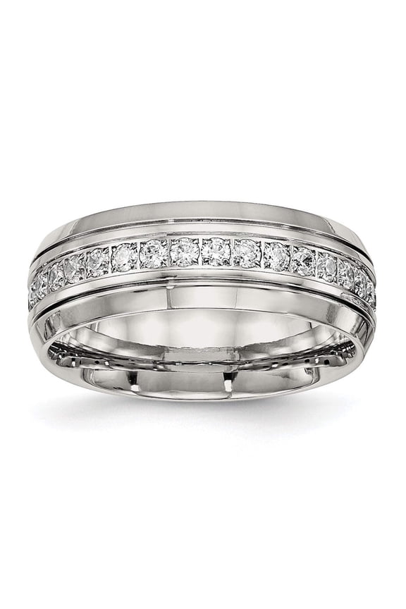 Stainless Steel Polished Half Round Grooved CZ Ring