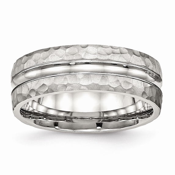 Stainless Steel Polished Hammered and Grooved 7.50mm Band Ring - Size 9.5