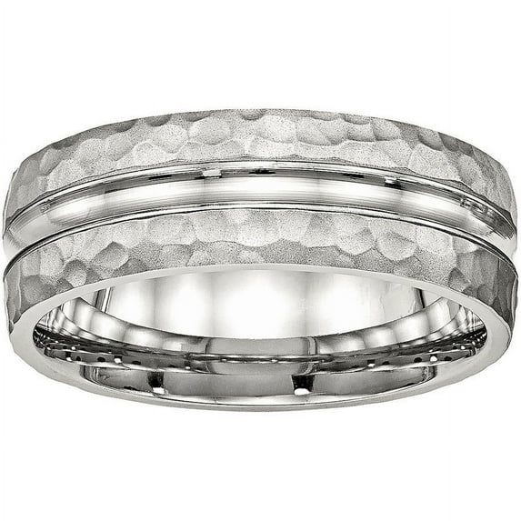 Stainless Steel Polished Hammered and Grooved 7.50mm Band