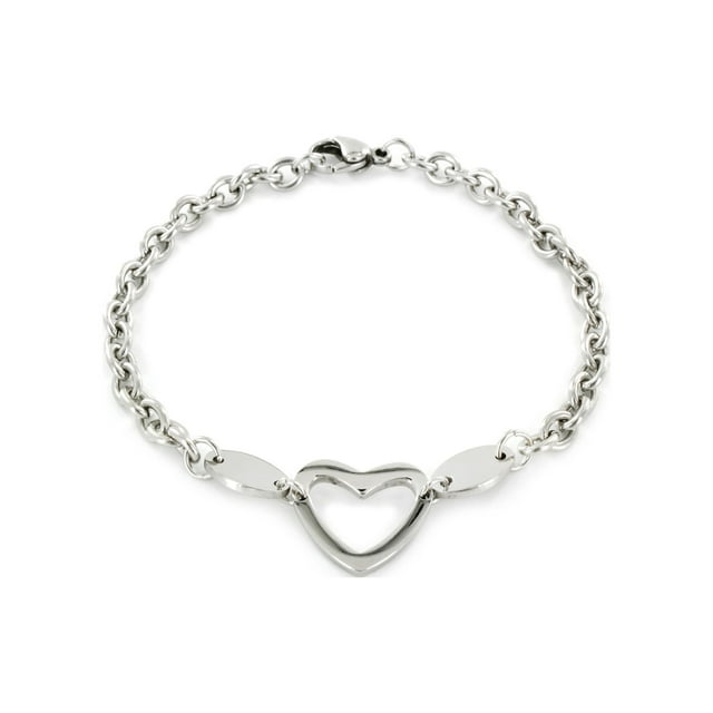 Stainless Steel Polished Heart Cut-out Charm Bracelet