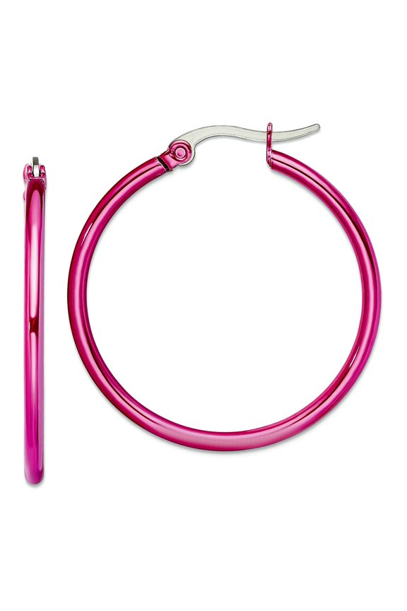 Stainless Steel Polished Hinged hoop Pink IP Plated Pink 32mm Hoop Earrings 29x2mm Wide 2mm Thick Hoop Earring for Women