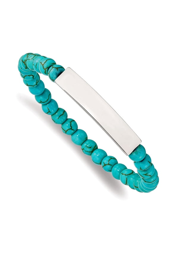 Stainless Steel Polished ID Plate 6mm Simulated Turquoise Beaded Stretch Bracelet Identification Bracelet for Women