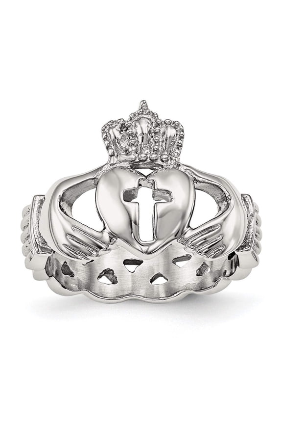 Stainless Steel Polished Irish Claddagh Celtic Trinity Knot With Religious Faith Cross Ring Size 11 Jewelry for Women