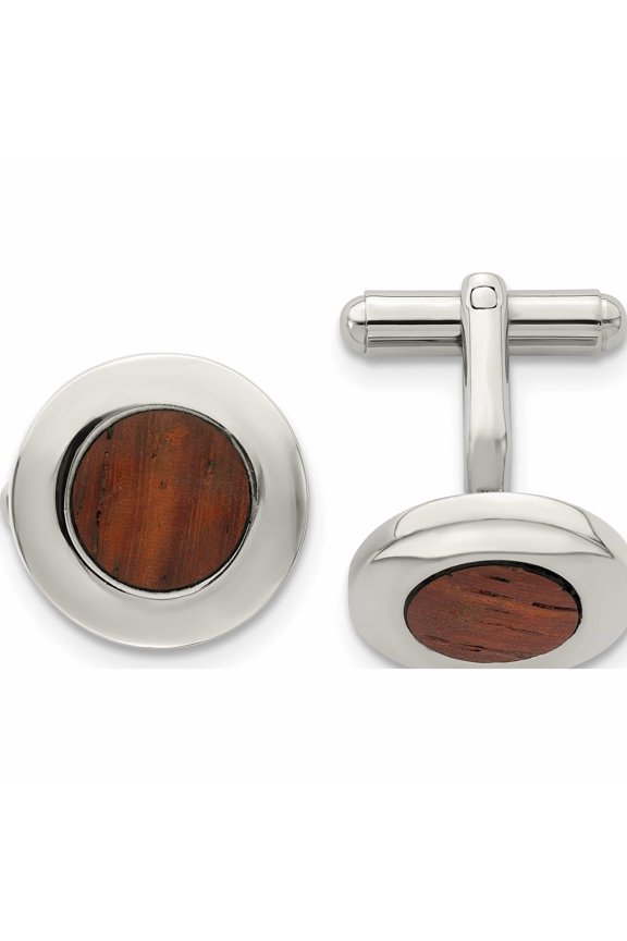 Stainless Steel Polished Koa Wood Inlay Circle Cufflinks (15 X 15) Made In China -Jewelry By Sweet Pea