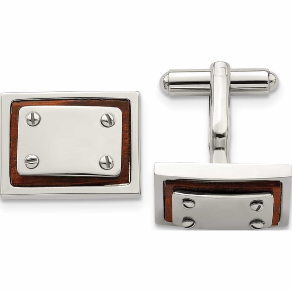 Stainless Steel Polished Koa Wood Inlay Rectangle Cufflinks Made In China -Jewelry By Sweet Pea