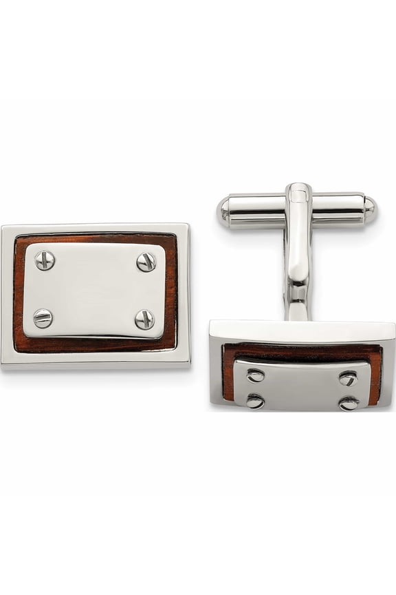 Stainless Steel Polished Koa Wood Inlay Rectangle Cufflinks Made In China -Jewelry By Sweet Pea