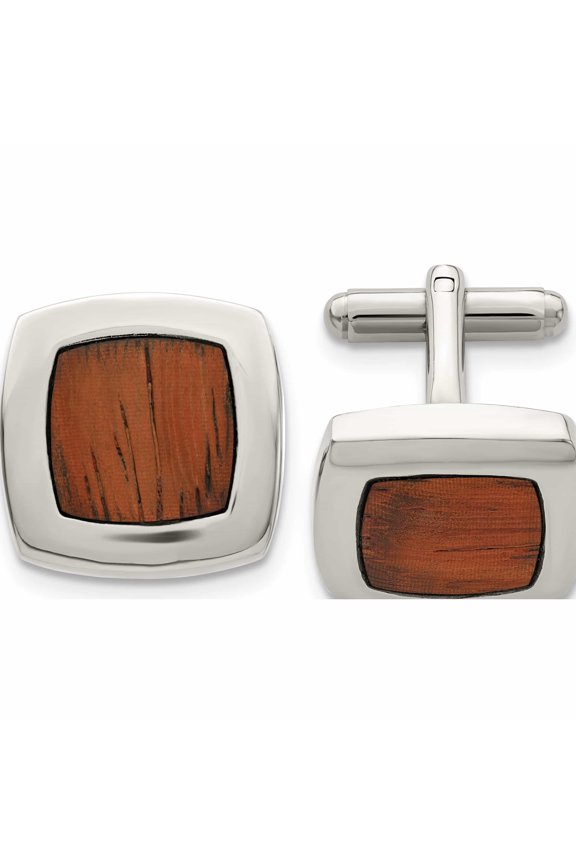 Stainless Steel Polished Koa Wood Inlay Rounded Square Cufflinks (20 X 20) Made In China -Jewelry By Sweet Pea