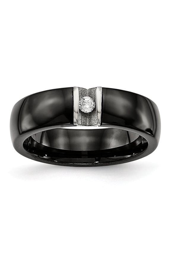 Stainless Steel Polished & Laser Cut Black Ceramic CZ Ring Size: 5; for Adults and Teens; for Women and Men
