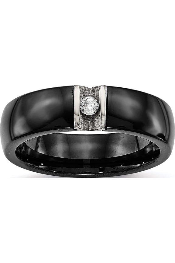 Stainless Steel Polished & Laser Cut Black Ceramic Cz Ring (Size 9) Made In China sr558-9