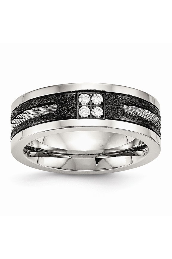 Stainless Steel Polished Laser Cut Blk IP Wire Inlay CZ Band Size: 7; for Adults and Teens; for Women and Men
