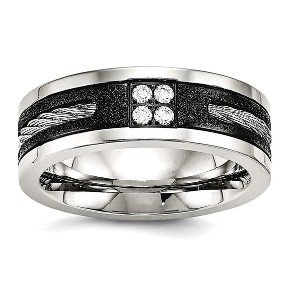 8mm Stainless Steel Laser-cut Polished Laser Cut Blk Ip Wire Inlay Cubic Zirconia Band Ring Size 7.5 Ring for Women and