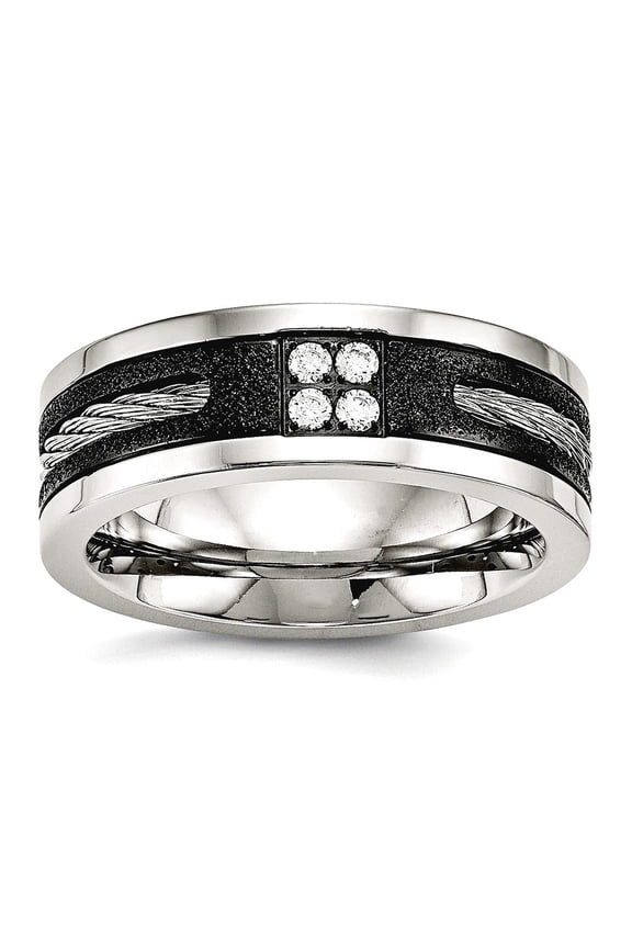8mm Stainless Steel Laser-cut Polished Laser Cut Blk Ip Wire Inlay Cubic Zirconia Band Ring Size 7.5 Ring for Women and