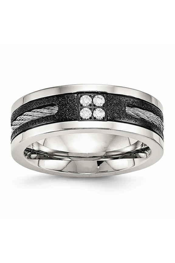 Stainless Steel Polished Laser Cut Blk IP Wire Inlay CZ Band