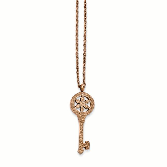 Stainless Steel Fancy Lobster Closure Polished Laser-cut Rose Ip Plated Key Necklace 18 Inch Pendant Necklace for Women