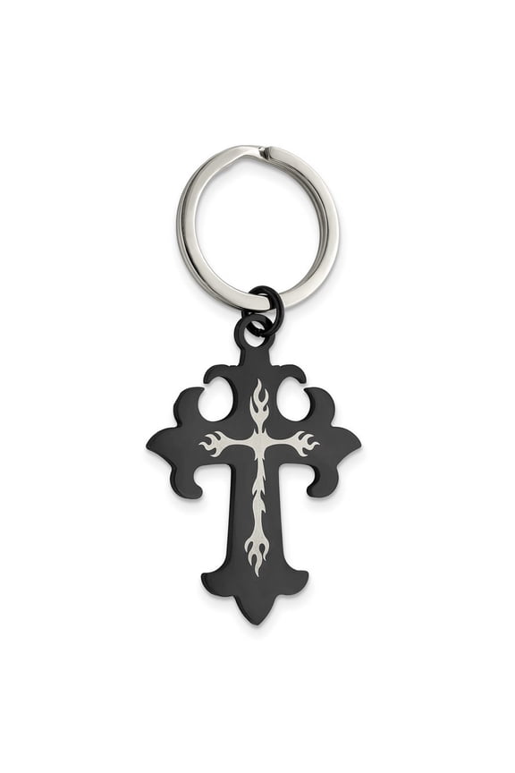 Stainless Steel Polished Laser Etched Black Plated Religious Faith Cross Key Chain - Key Chain for Men