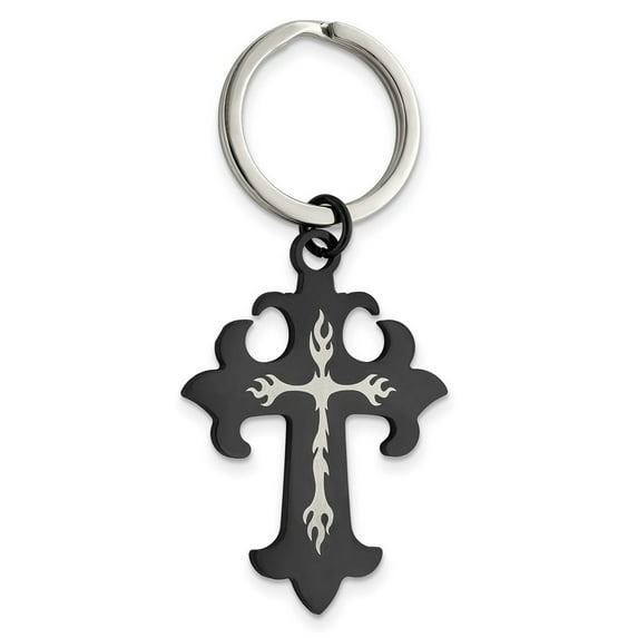 Stainless Steel Polished Laser Etched Black Plated Religious Faith Cross Key Chain - Key Chain for Men