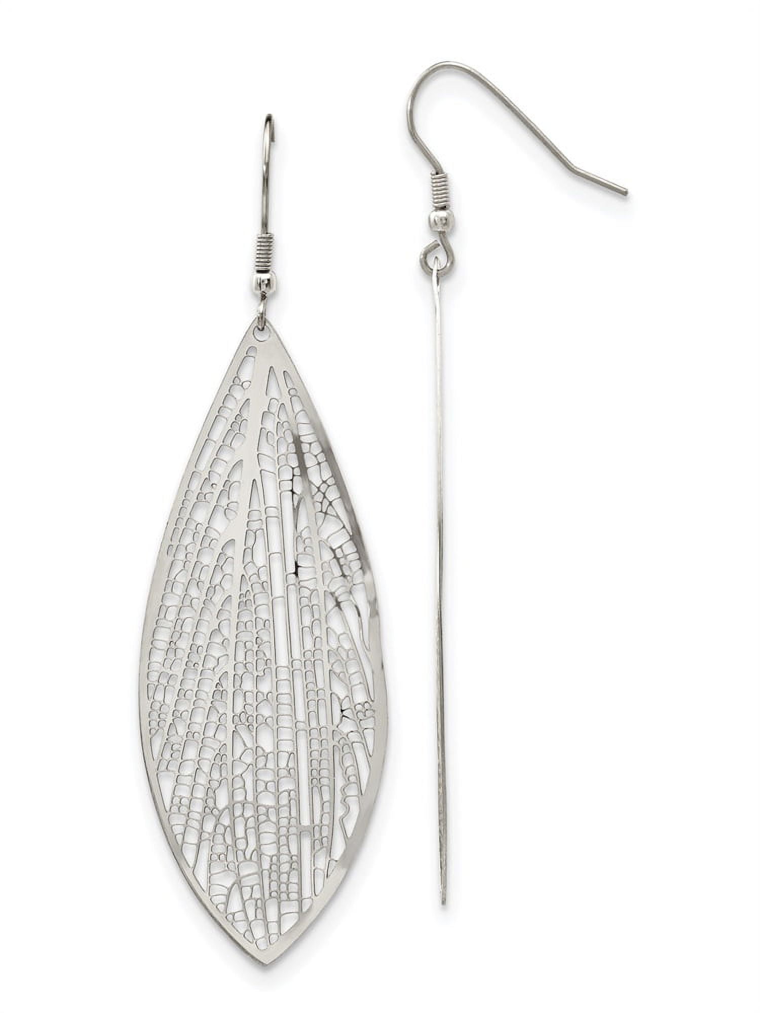 PRECIOUS ACCENTS Stainless Steel Polished Leaf Dangle Shepherd Hook Earrings