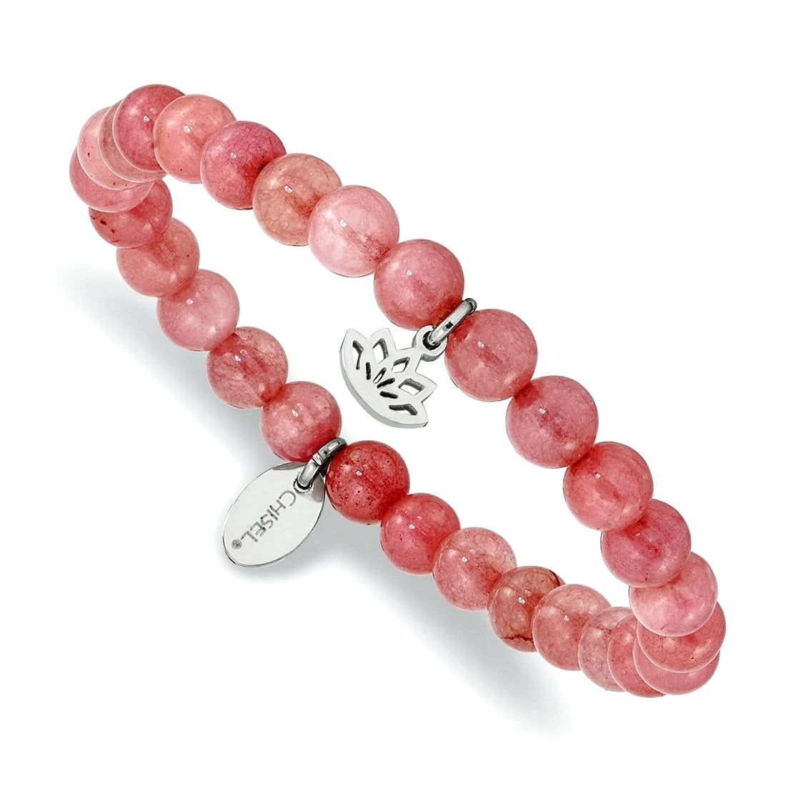 Stainless Steel Polished Lotus 6mm Pink Dyed Jade Beaded Stretch Bracelet Stretch Bracelet for Women