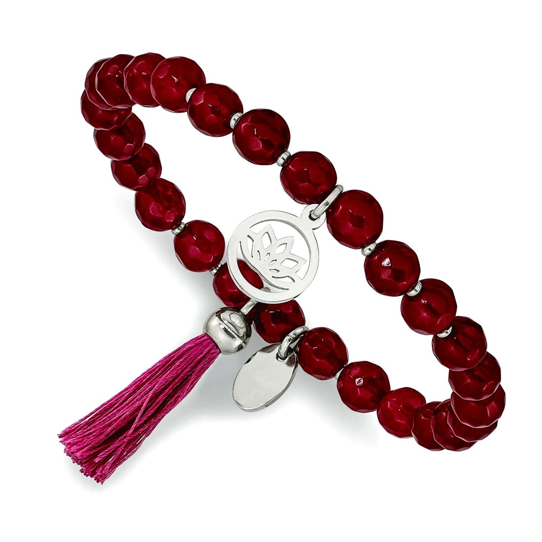 Stainless Steel Polished Lotus 6mm Pink Dyed Jade Beaded Stretch Bracelet With Tassel Stretch Bracelet for Women