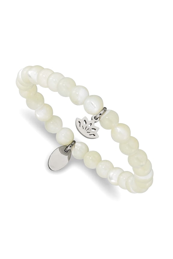 Stainless Steel Polished Lotus 6mm Simulated Mother of Pearl Beaded Stretch Bracelet Stretch Bracelet for Women