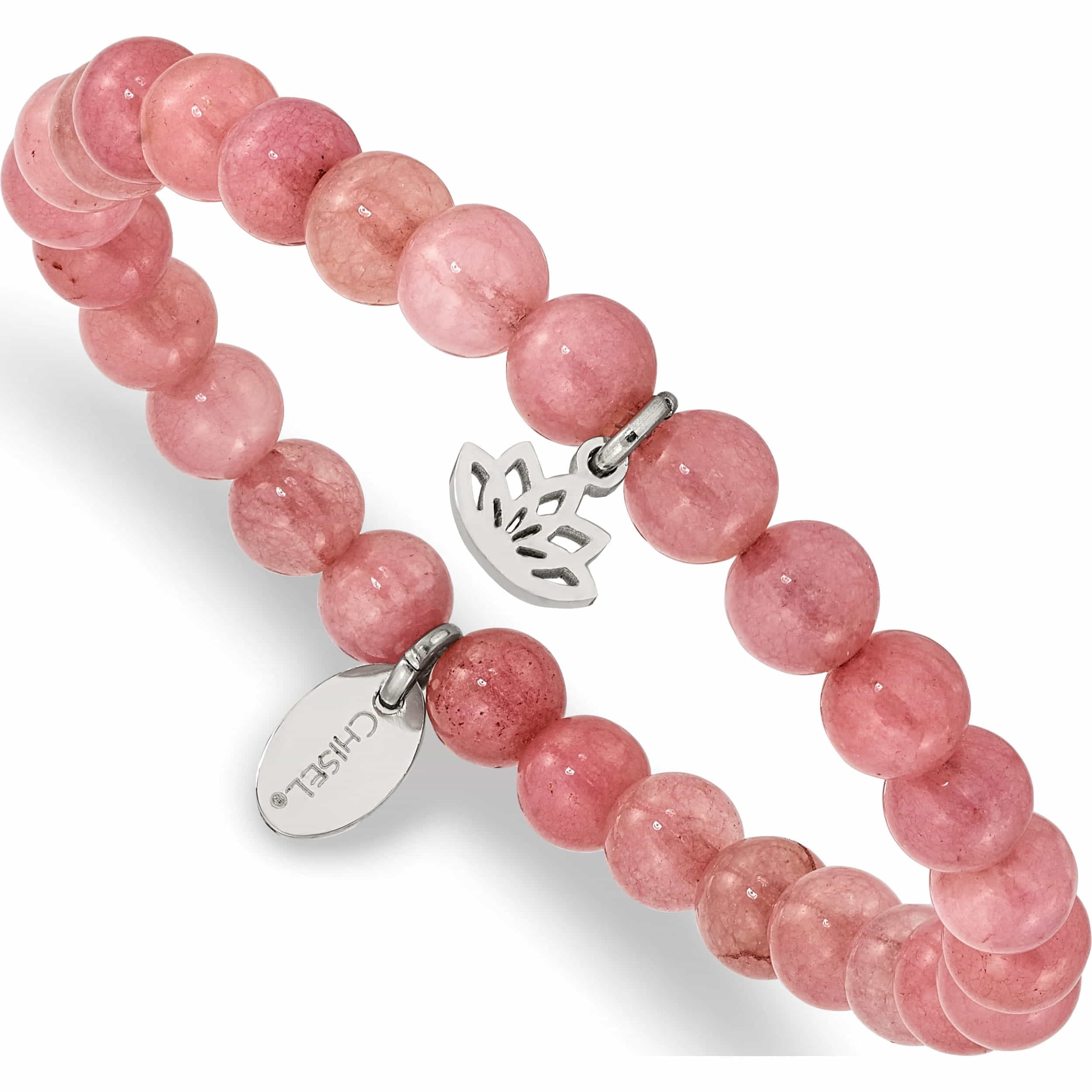Stainless Steel Polished Lotus Pink Jade Beaded Stretch Bracelet Made In China -Jewelry By Sweet Pea