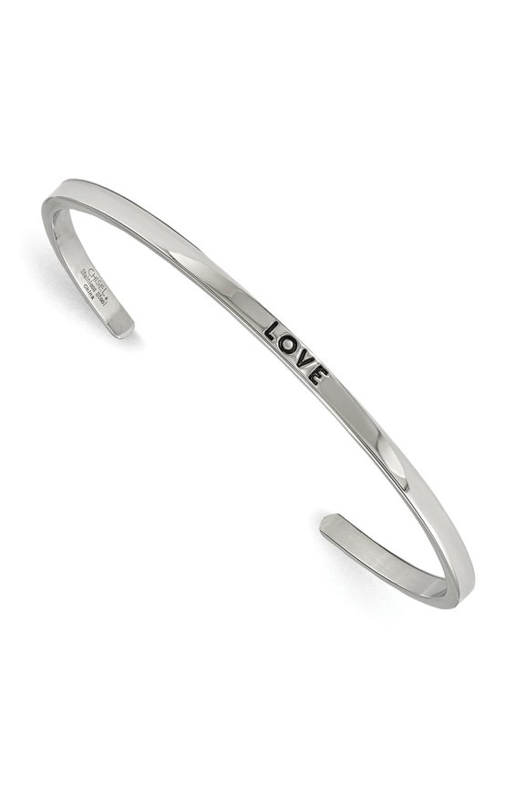 Stainless Steel Polished Love CZ 3mm Cuff Bangle; for Adults and Teens; for Women and Men