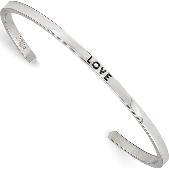 Stainless Steel Polished Love With Crystal 3mm Cuff Bangle (6.75 X 3) Made In China srb1895