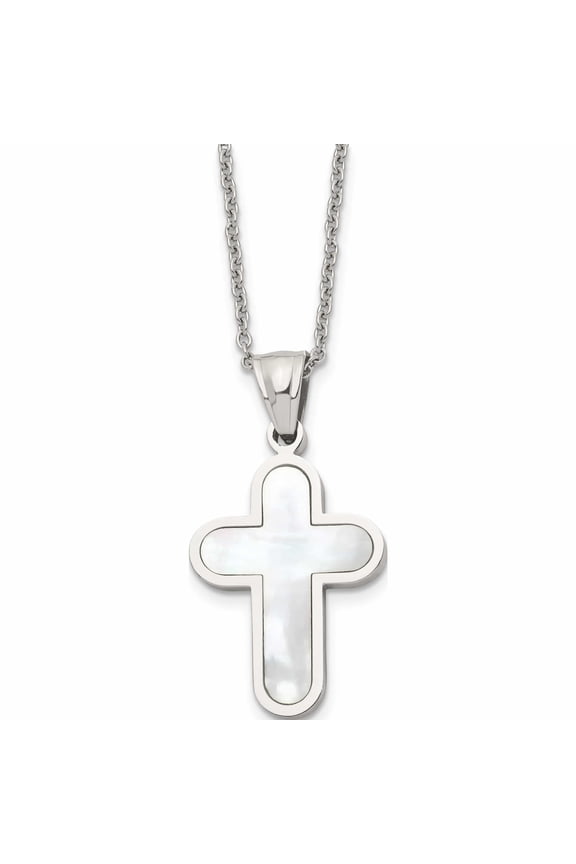 Stainless Steel Polished Mother Of Pearl Cross 22In Necklace Made In China -Jewelry By Sweet Pea