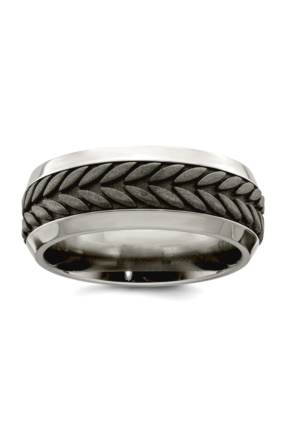 Stainless Steel Polished Patterned Beveled Edge and Titanium Rope Design Beveled Casted 9mm Band Size 10 Ring for Women