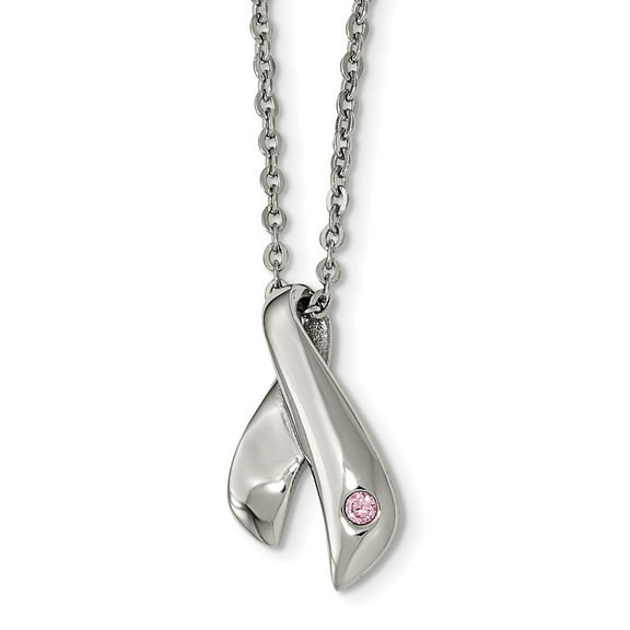 Stainless Steel Polished Pink Awareness Cubic Zirconia Chain Slide Necklace - 20 Inch