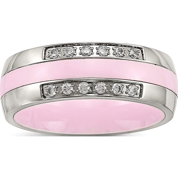 Jewelry by Sweet Pea Stainless Steel Polished Pink Ceramic CZ Ring